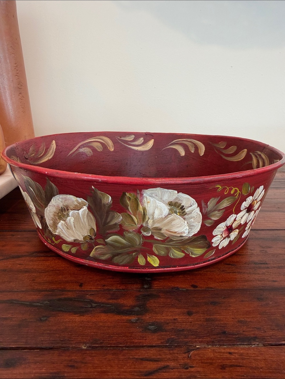 Hand-Painted Vintage Toleware Metal Bowl. Signed by Artist.